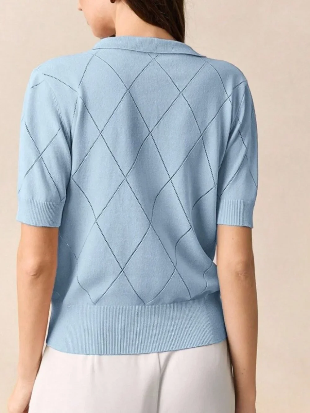 Sky Blue Knit Polo Sweater with Argyle Pointelle Detail